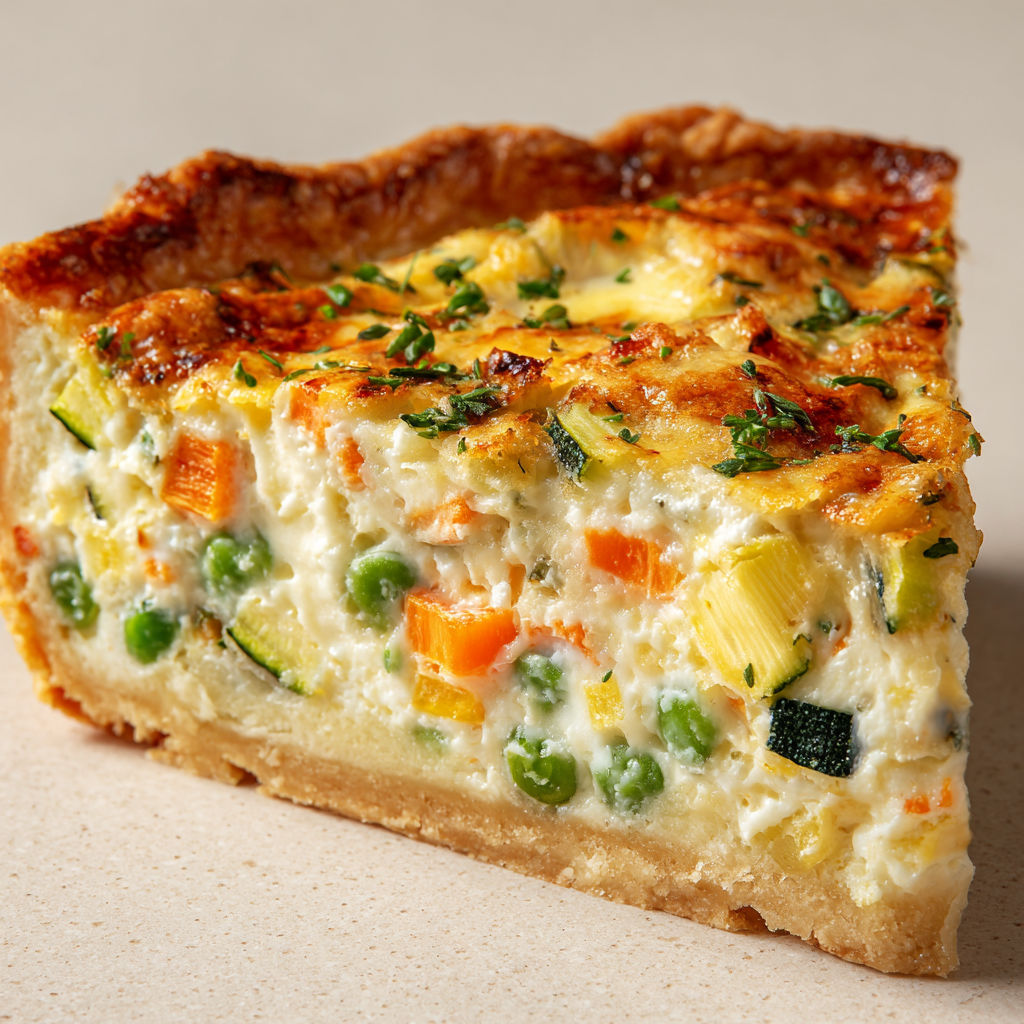 Une tarte à la ricotta et aux légumes est servie sur une table.