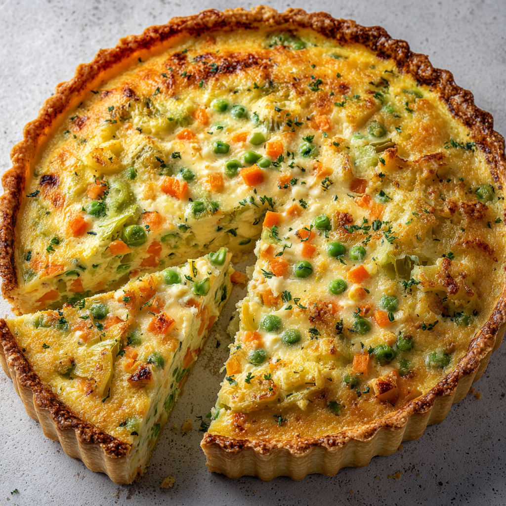 Une tarte à la ricotta et aux légumes est servie sur une table.