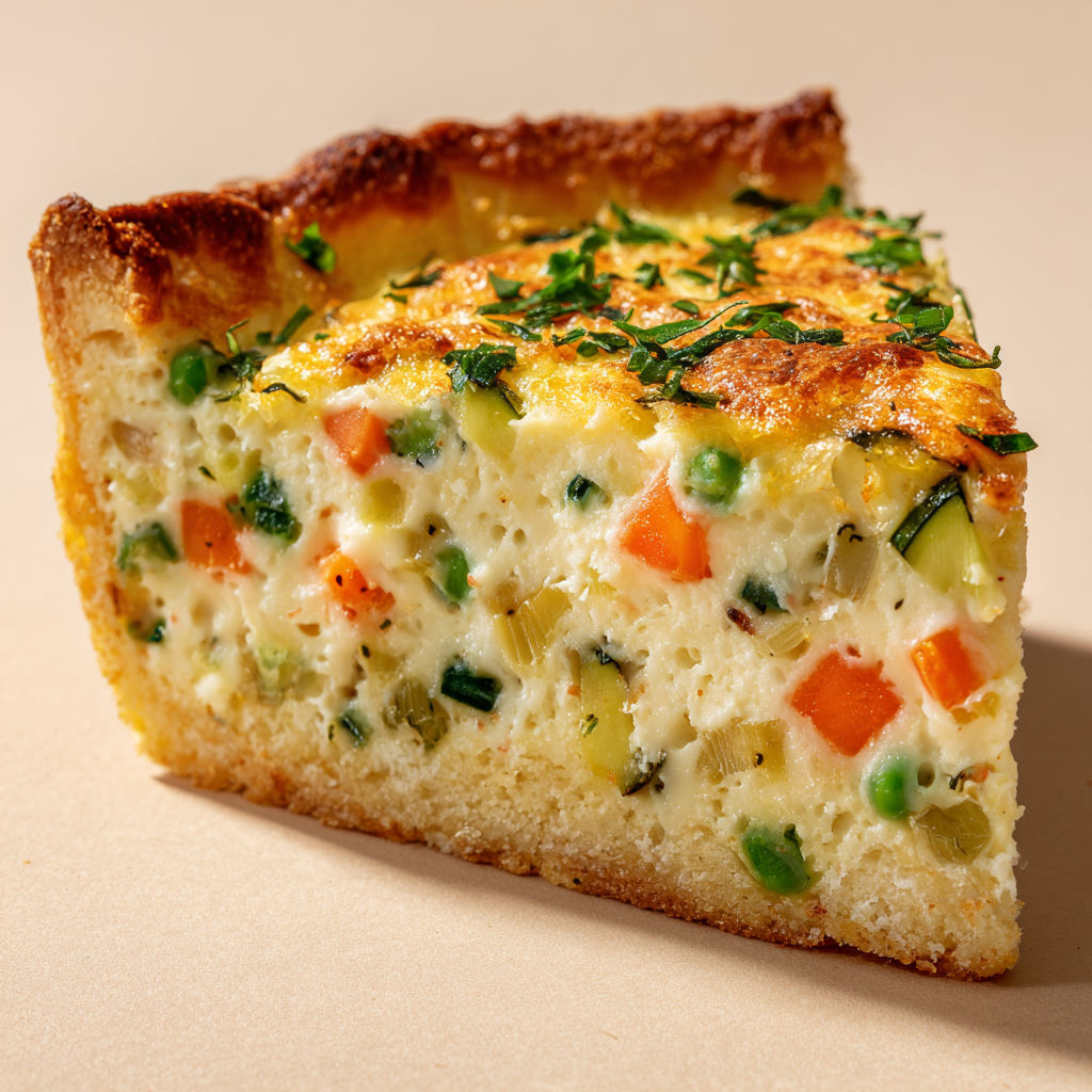 Une tarte à la ricotta et aux légumes est servie sur une table.