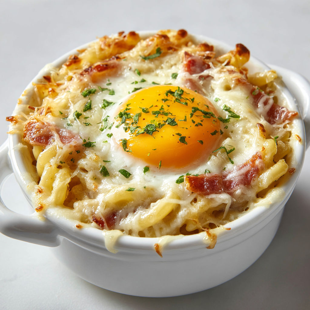 Une casserole de macaroni aux oeufs cocottes et au bacon.