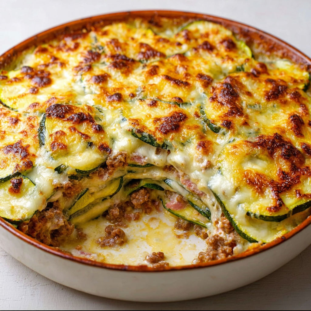 Un plat de gratin de courgettes à la viande hachée, avec une couche de sauce et des courgettes en dessous.