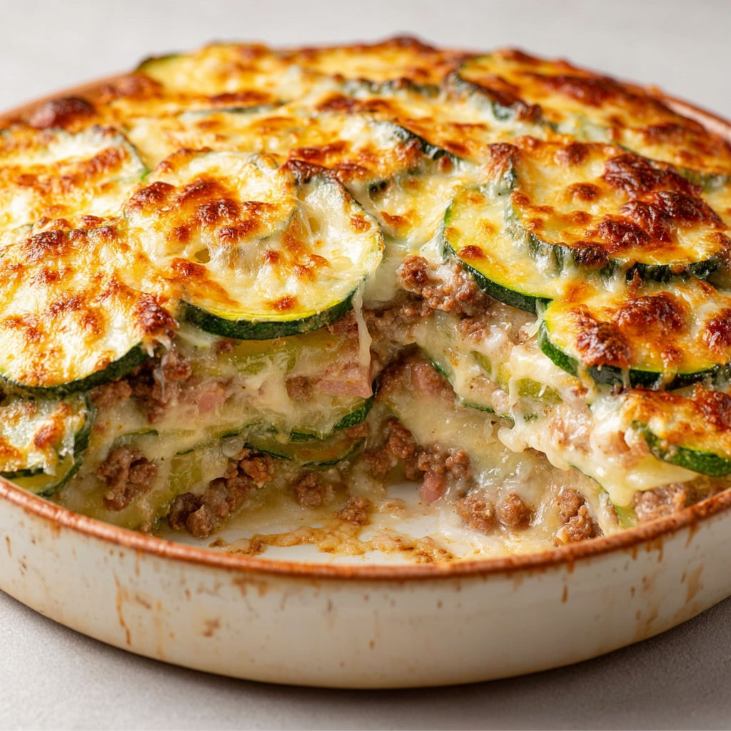 Gratin de courgettes à la viande hachée, fondant et gratiné à souhait.