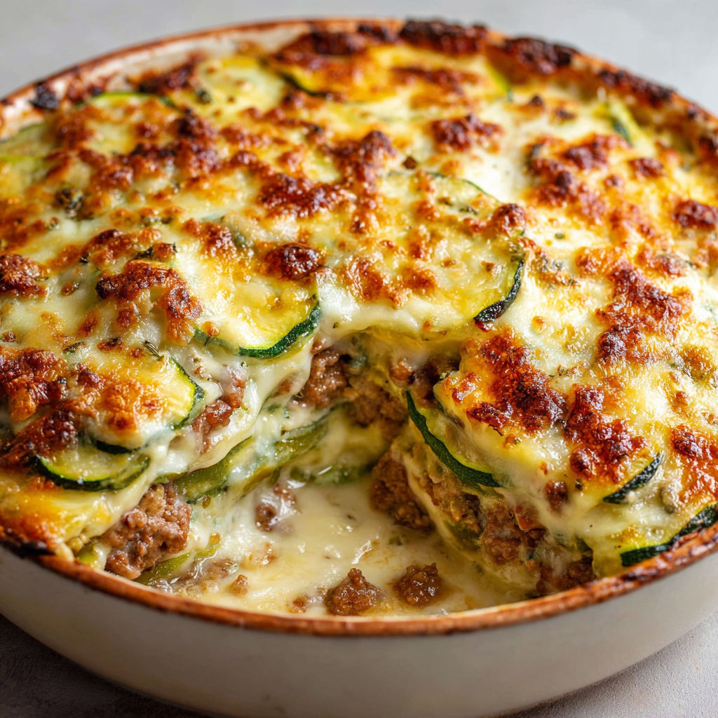 Courgettes gratinées à la viande, plat complet crémeux et ultra réconfortant.