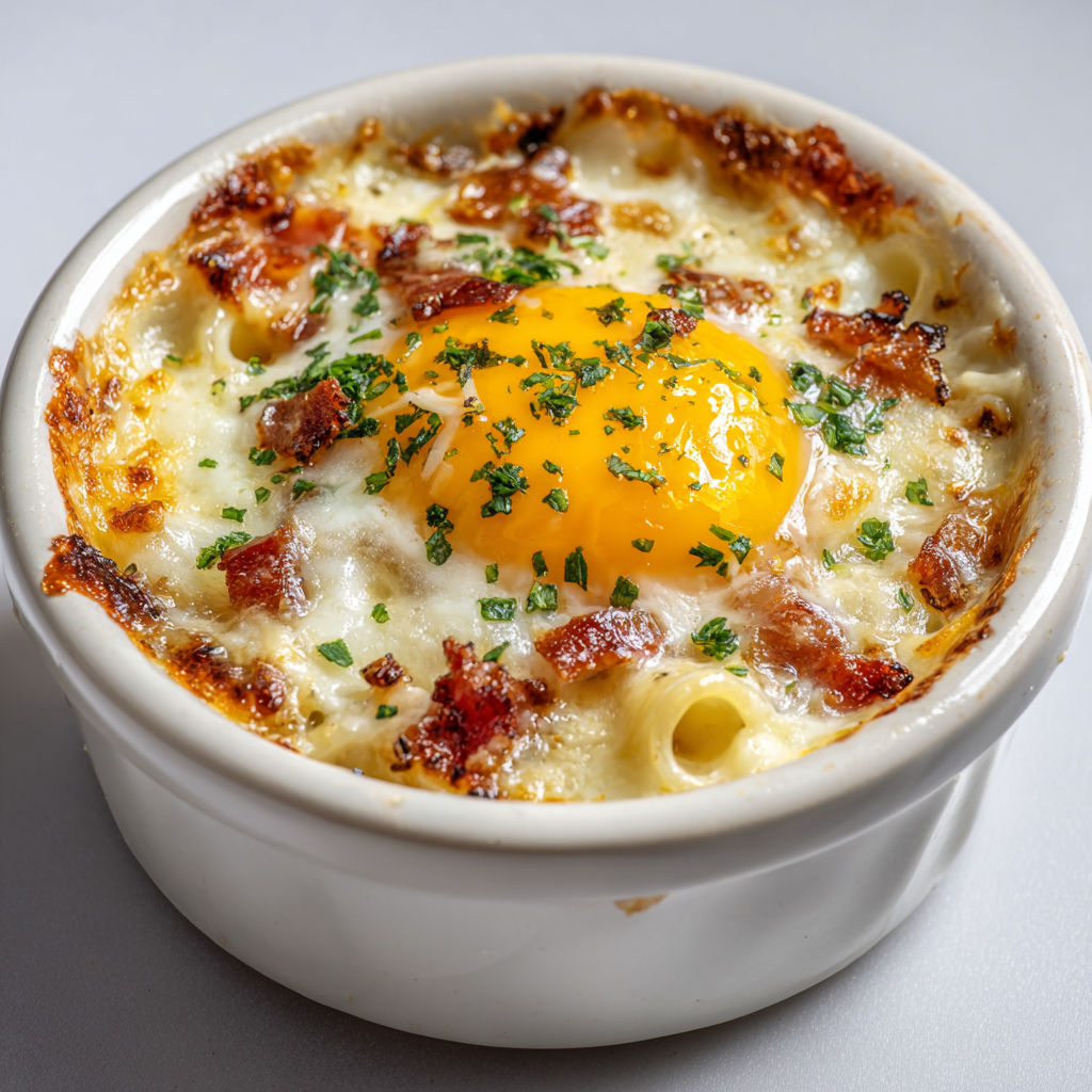 Œufs cocotte façon carbonara, cœur coulant et ultra crémeux.