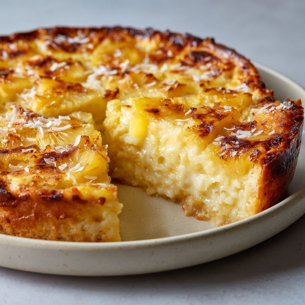 Clafoutis moelleux à l’ananas et lait de coco, douceur exotique fondante au four.