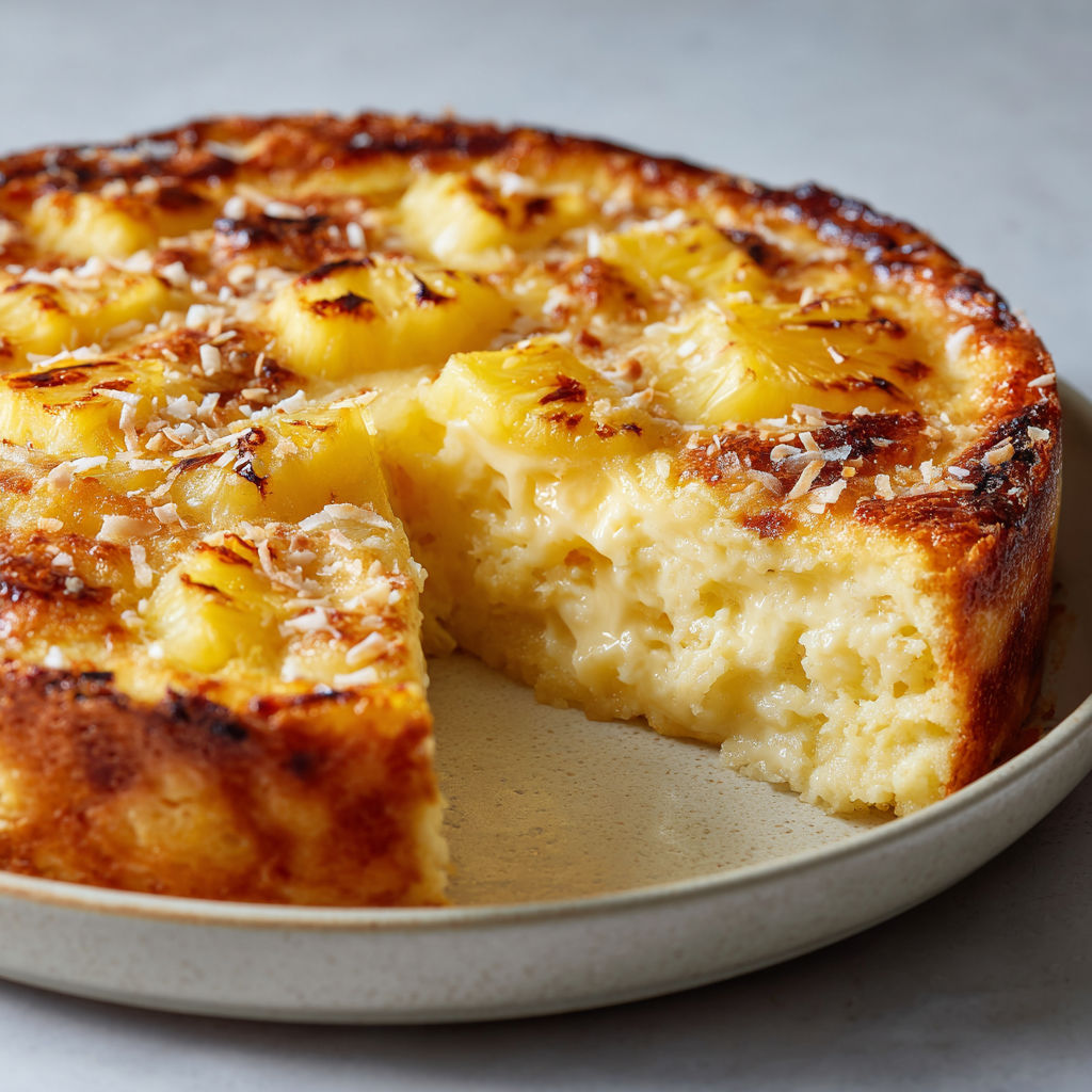 Clafoutis tropical ananas coco, une texture crémeuse et fruitée parfaite en dessert maison.