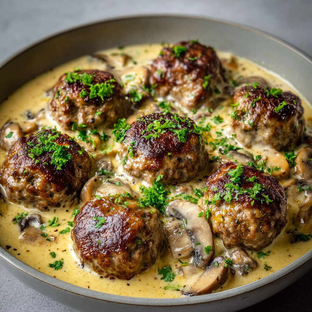 Boulettes maison en sauce crémeuse aux champignons de Paris, un plat réconfortant et savoureux.