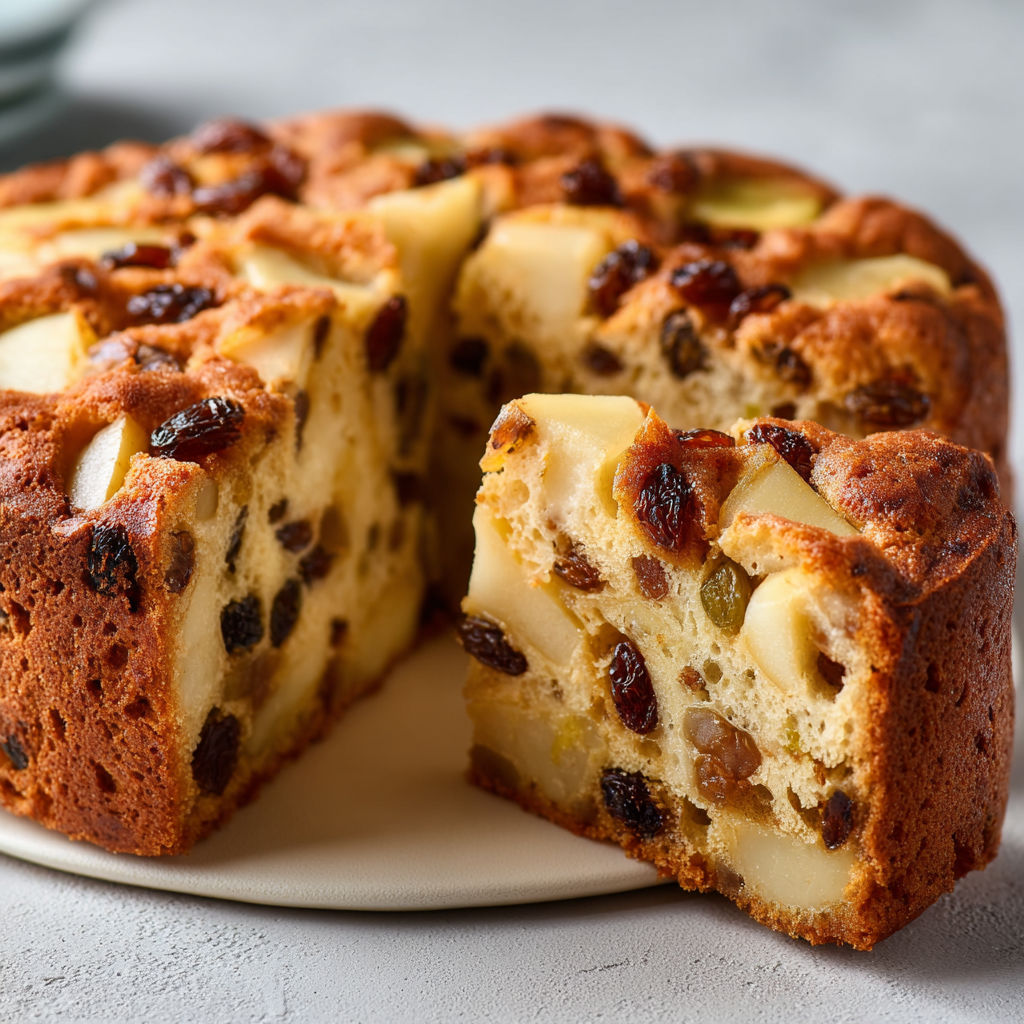 Gâteau moelleux aux pommes, poires et raisins, un dessert fruité et fondant au parfum d’automne.