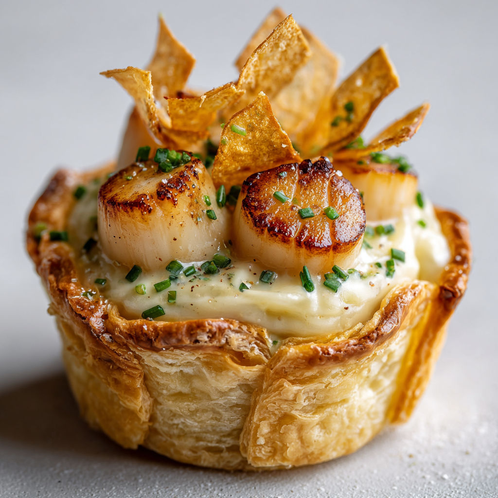 Vol-au-vent raffiné aux Saint-Jacques, purée de topinambour et chips de salsifis croustillantes.