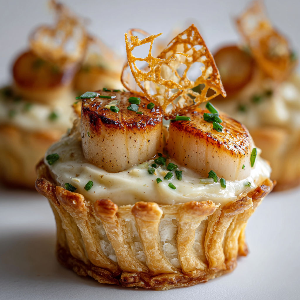 Feuilleté gourmand aux Saint-Jacques et topinambour, touche chic avec chips de salsifis maison.