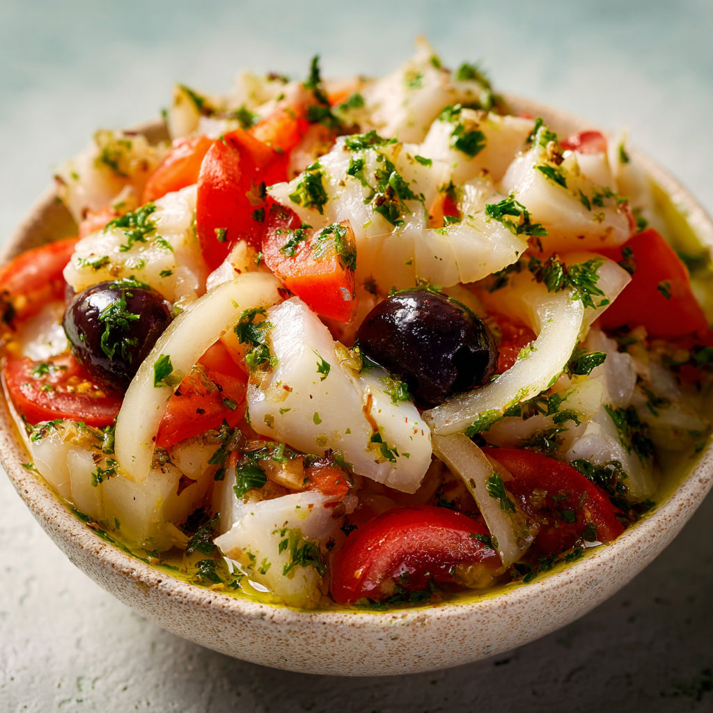 Une salade catalane est servie dans un bol en céramique, garnie de tomates, d'olives, de concombre et de persil.