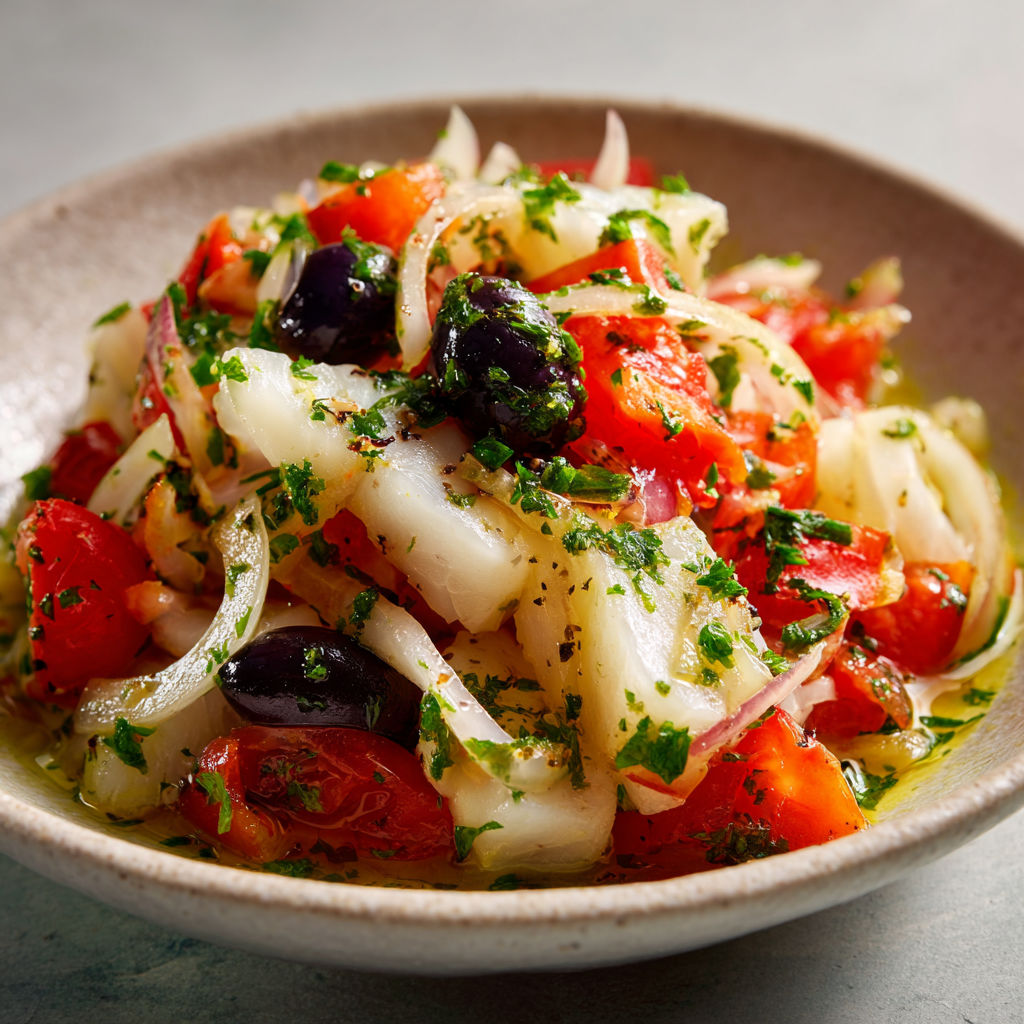 Salade catalane à la morue et huile de persil maison, fraîcheur et saveurs méditerranéennes.