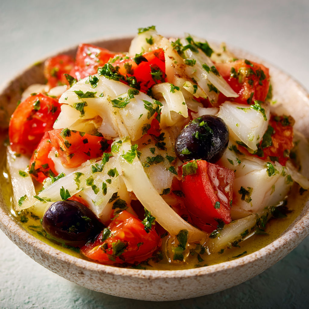 Salade de morue façon catalane, relevée d’une huile de persil parfumée et pleine de caractère.