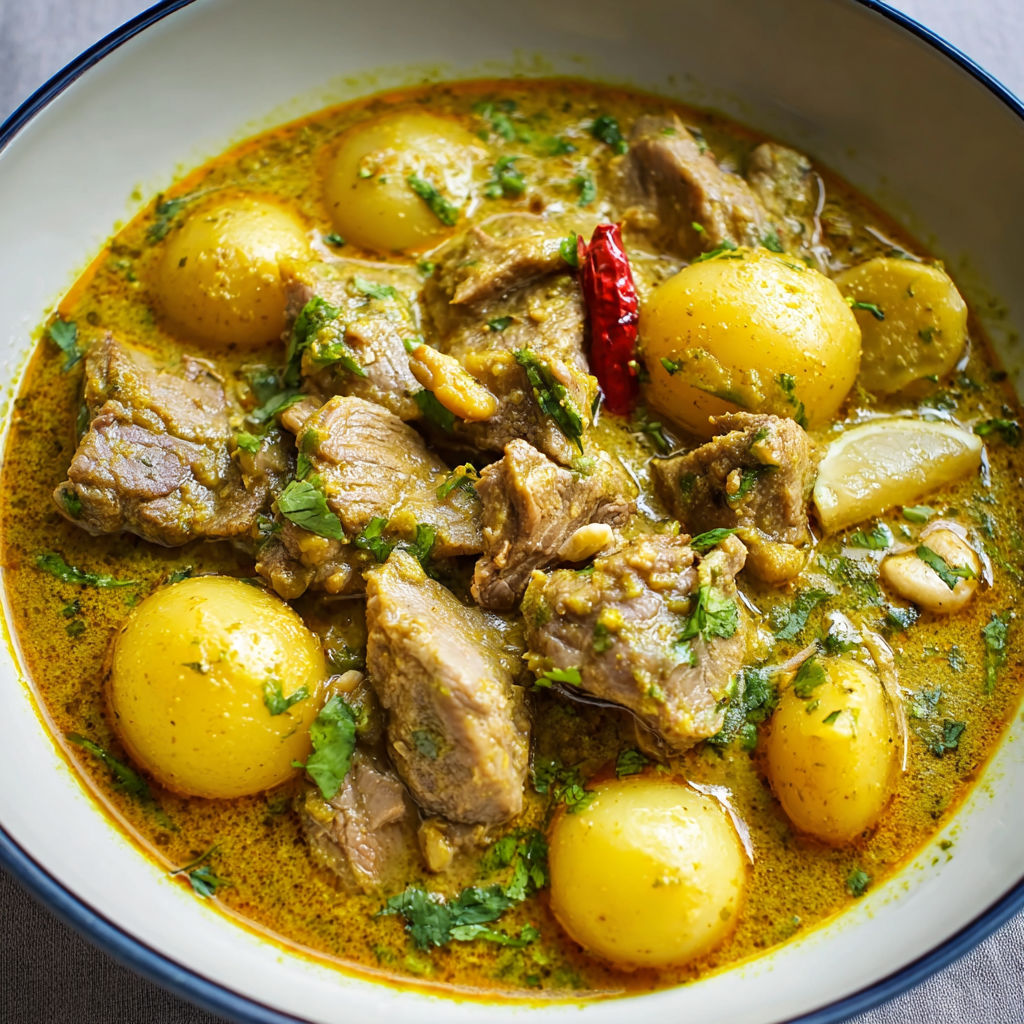 Une assiette de curry d'agneau à la thaïlandaise, remplie de légumes et de viande.