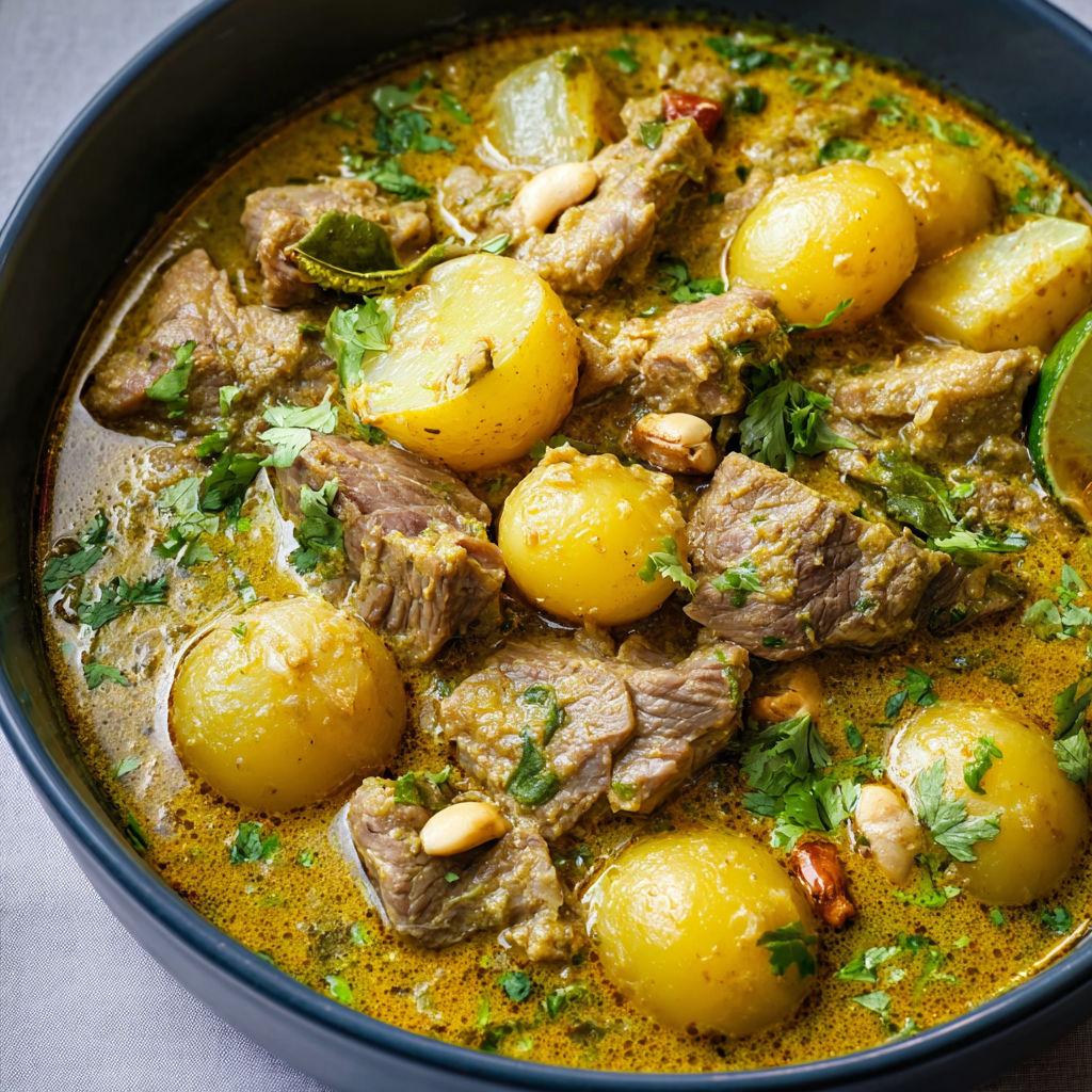 Agneau mijoté façon thaïlandaise, curry onctueux au gingembre et citron vert.