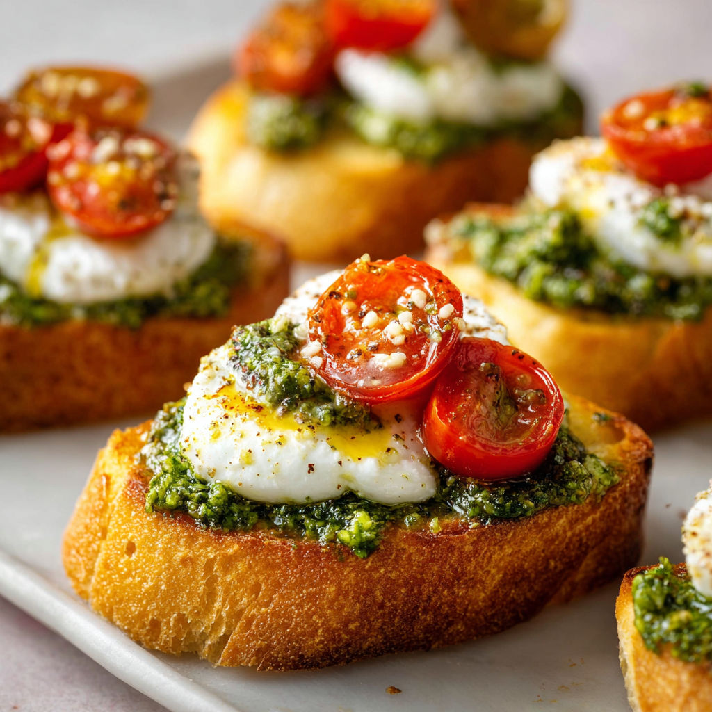Crostini burrata-pesto prêts en 10 minutes.