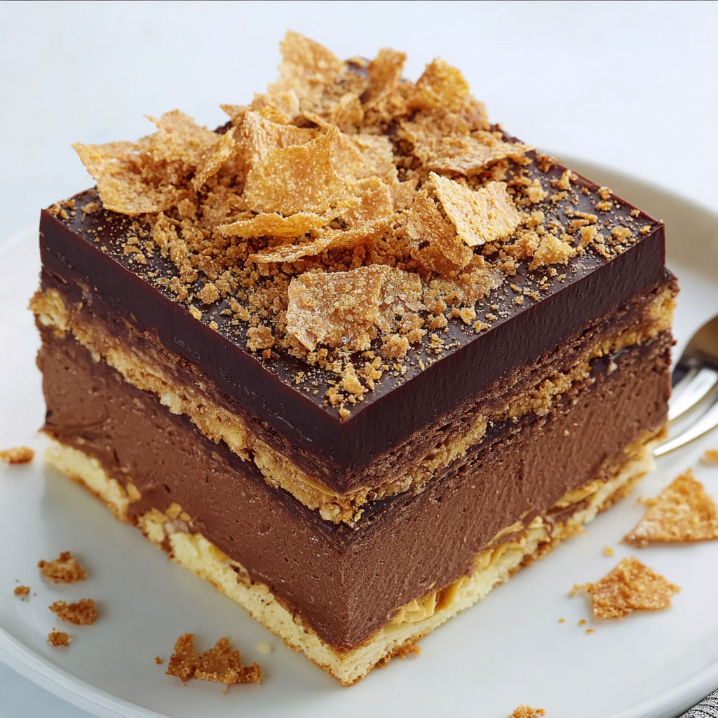 Une tarte Trianon au chocolat, garnie de croutons de cacao, est servie sur un plateau.