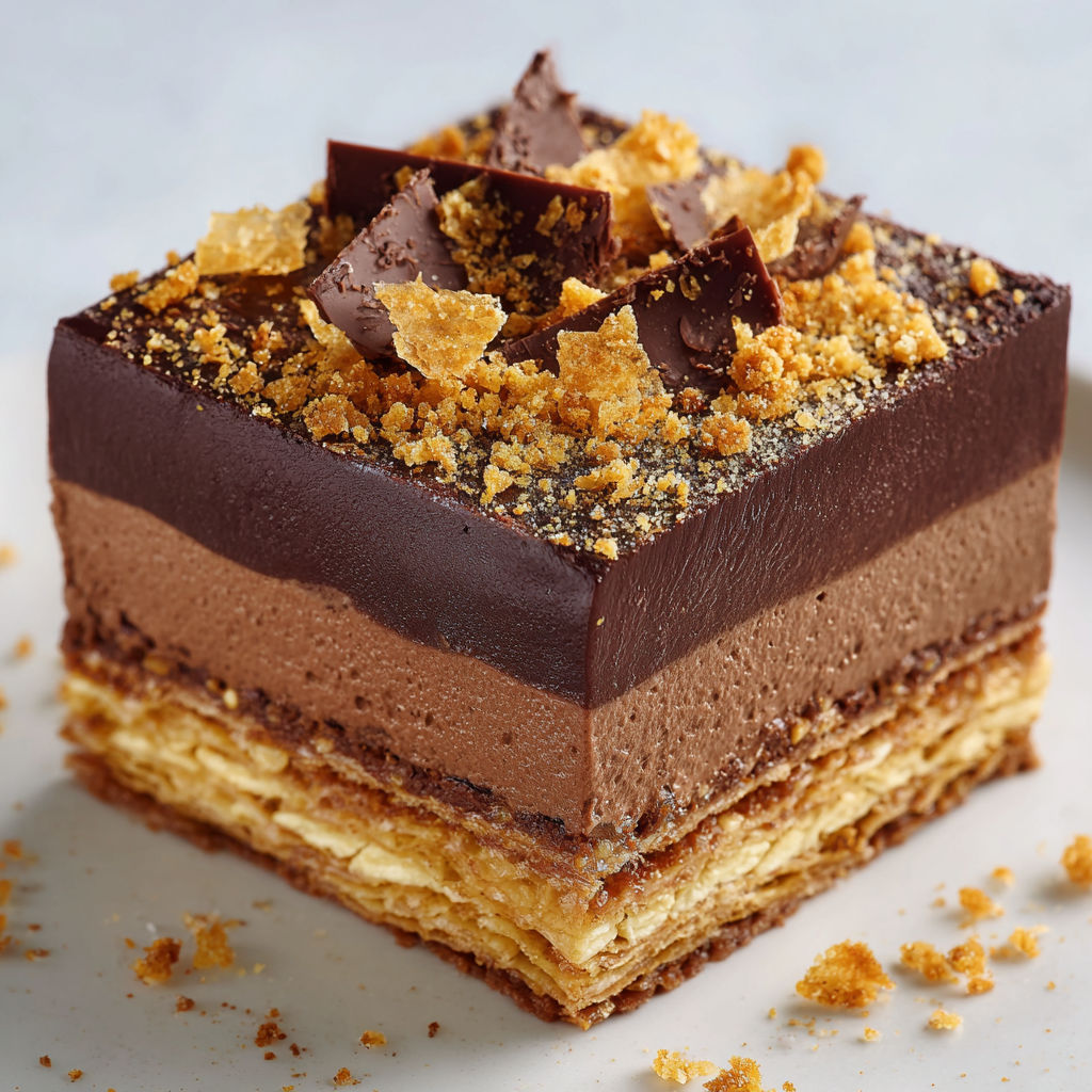 Entremets façon Trianon au praliné et chocolat noir, ultra gourmand et délicatement croustillant.