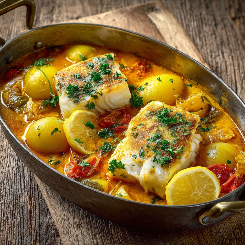 Morue façon bouillabaisse, pommes de terre fondantes et bouillon safrané au goût authentique.
