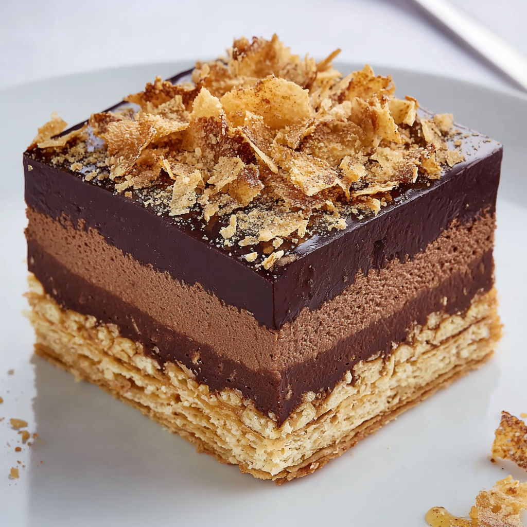 Trianon au chocolat fondant et croustillant, un dessert élégant aux couches irrésistibles..
