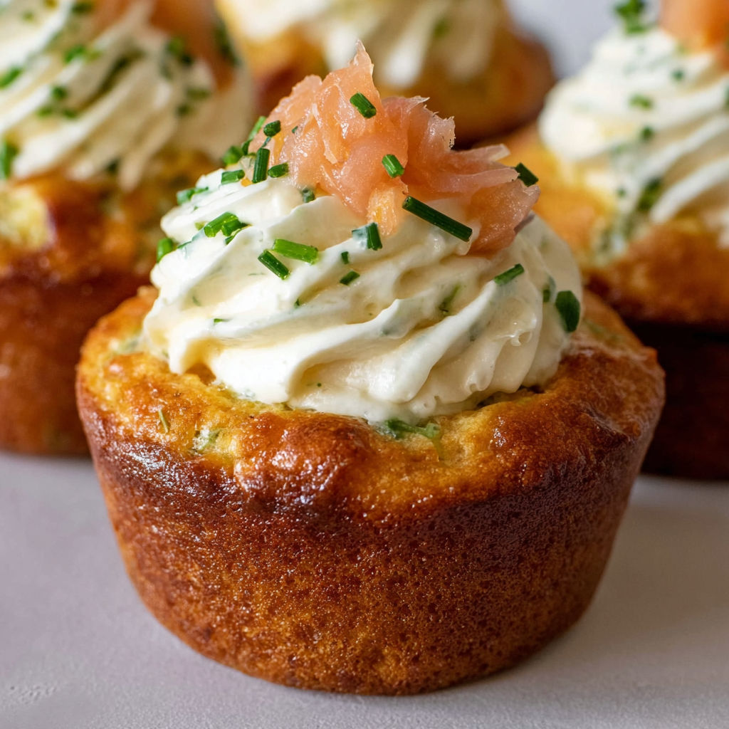 Des mini-cupcakes salés avec du saumon et des asperges sur le dessus.