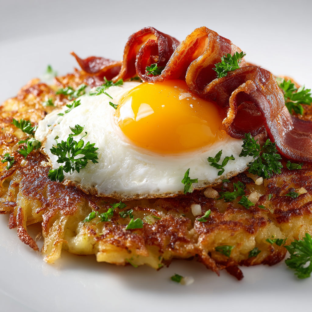 Œufs au bacon sur galettes aux deux pommes, croustillant et fondant irrésistible.