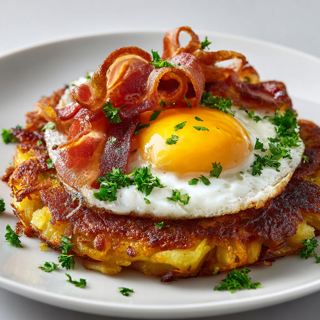 Galettes pommes de terre et pomme avec œuf coulant et bacon grillé, un brunch ultra gourmand.
