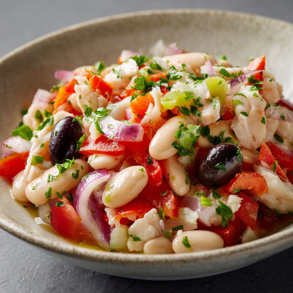 Empedrat catalan à la morue et aux haricots blancs, salade fraîche et méditerranéenne.