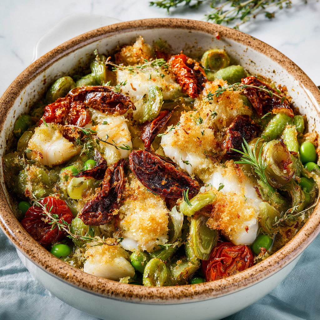 Cassoulet de morue aux fèves, une recette traditionnelle française, est servie dans un bol en céramique.
