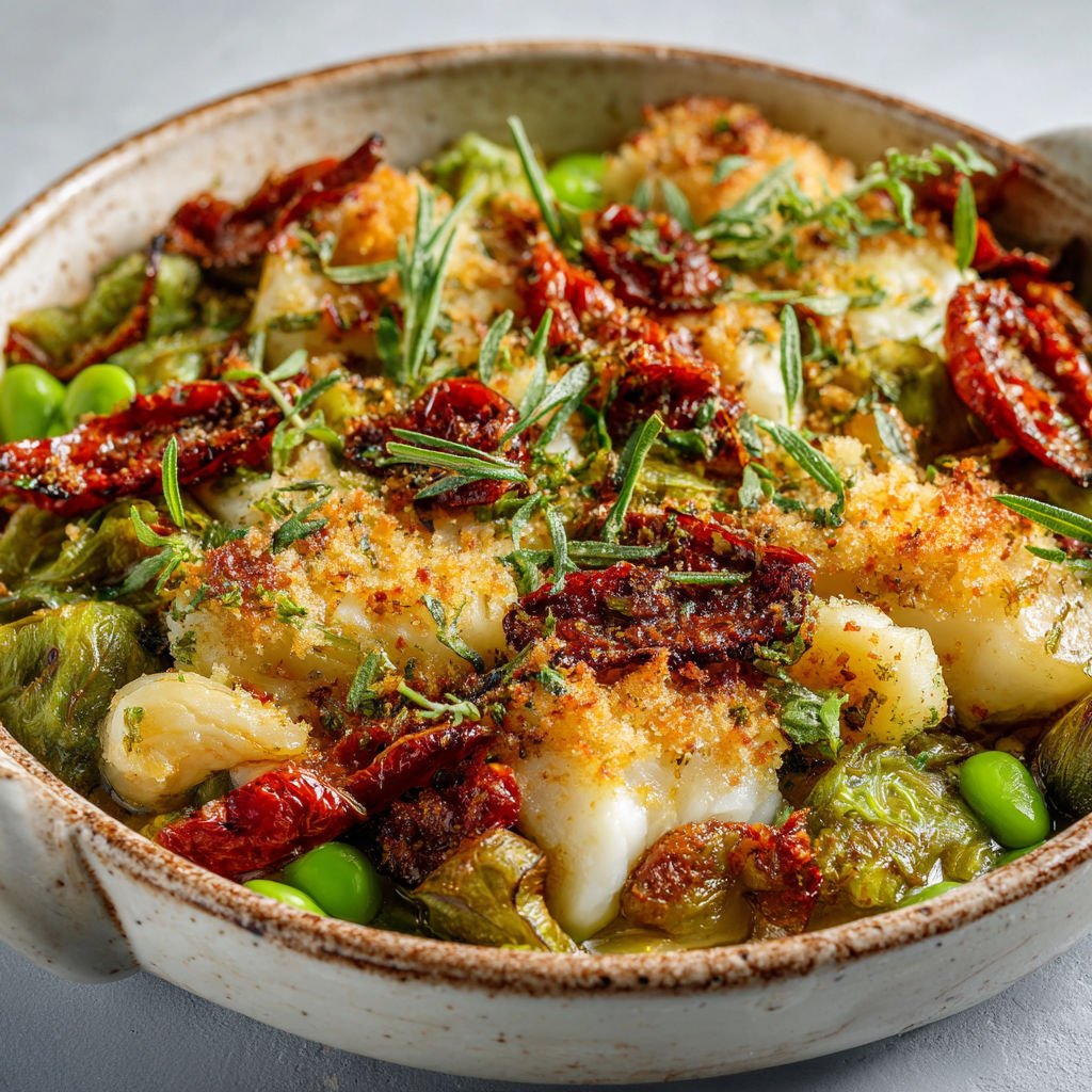 Une recette de Morue gratinée aux fèves et tomates confites, recette généreuse et savoureuse.