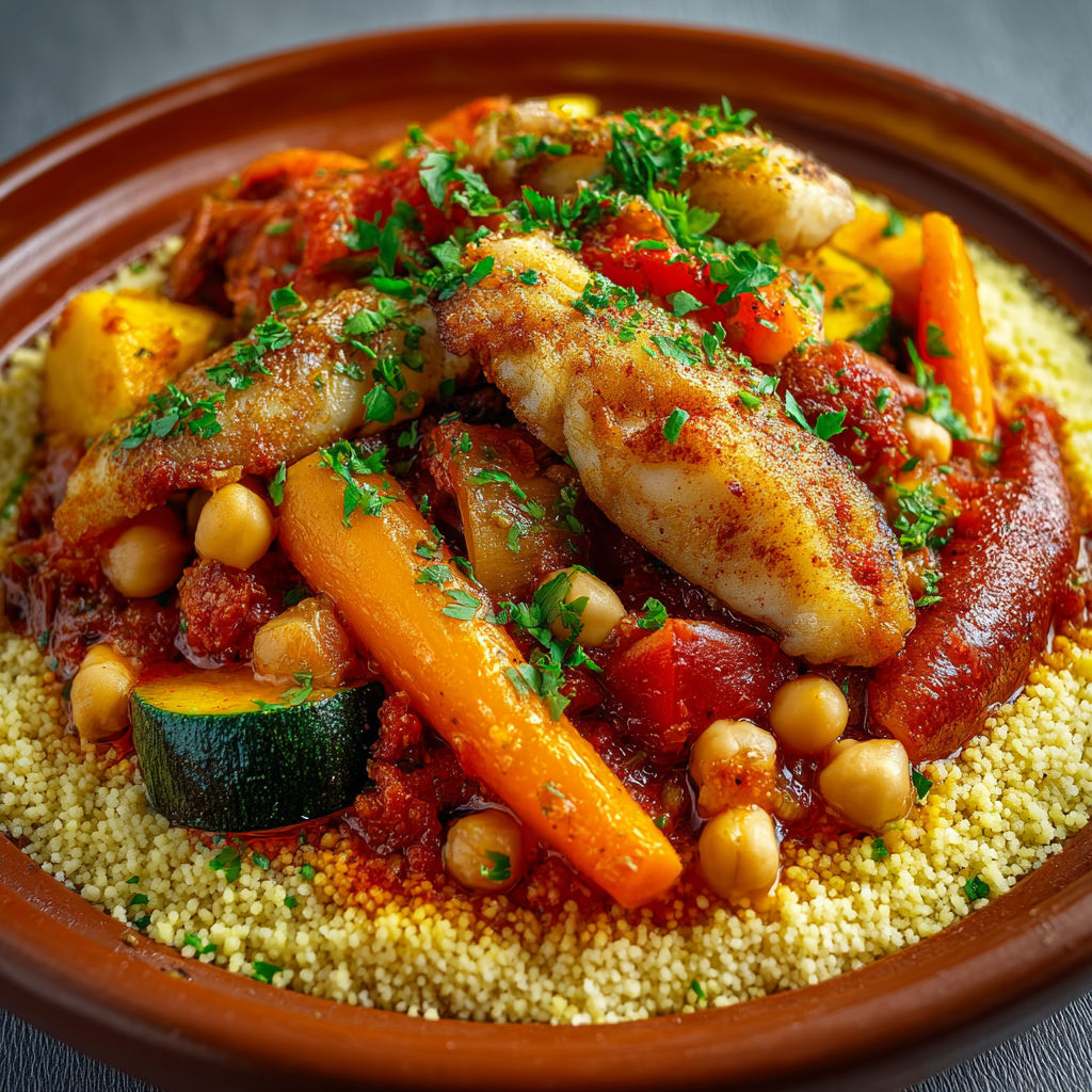 Une assiette de couscous de lotte au safran, avec des légumes et des épices, est servie sur une table.