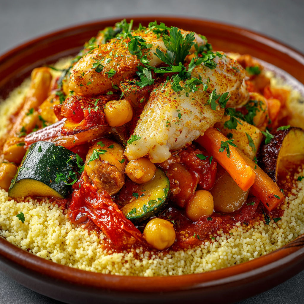 Couscous au poisson et légumes parfumé au safran, recette généreuse et parfumée.