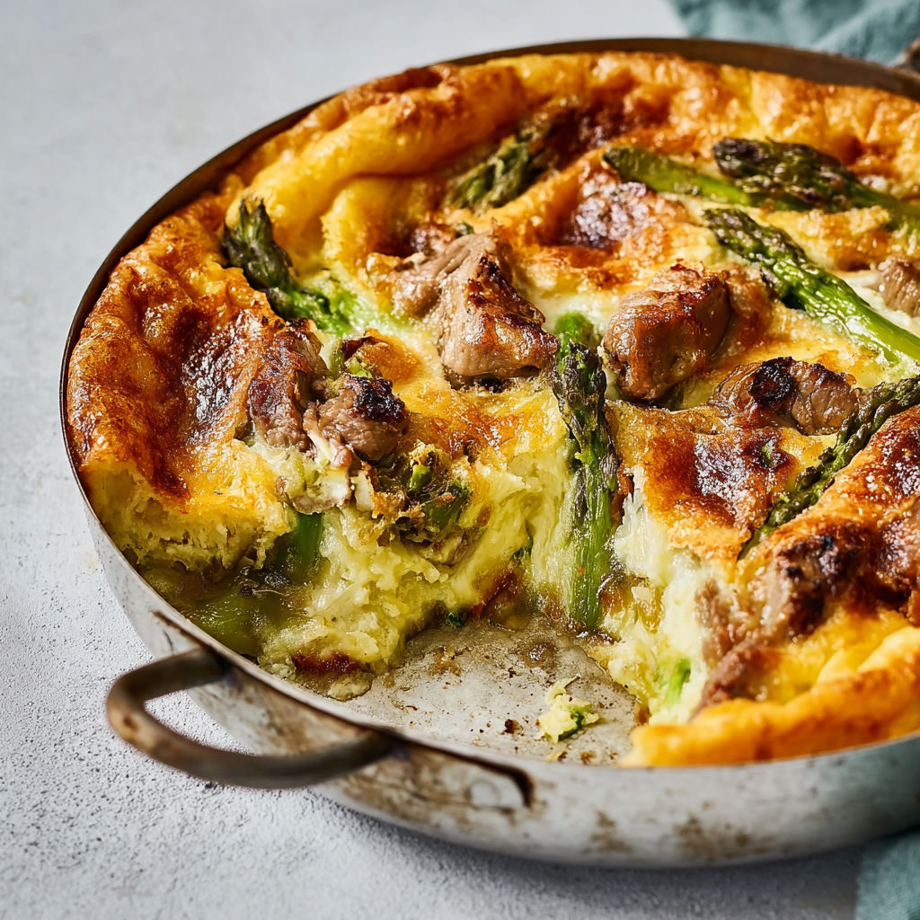 Une tarte aux asperges vertes et aux légumes est servie dans un bol en métal.