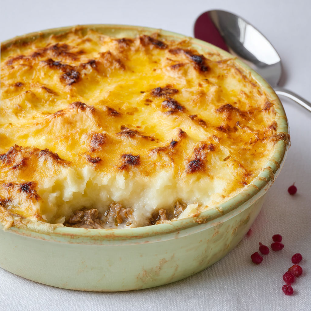 Le parmentier d'agneau est un plat de pommes de terre et de viande de mouton, cuit dans une casserole et servi dans un bol vert.