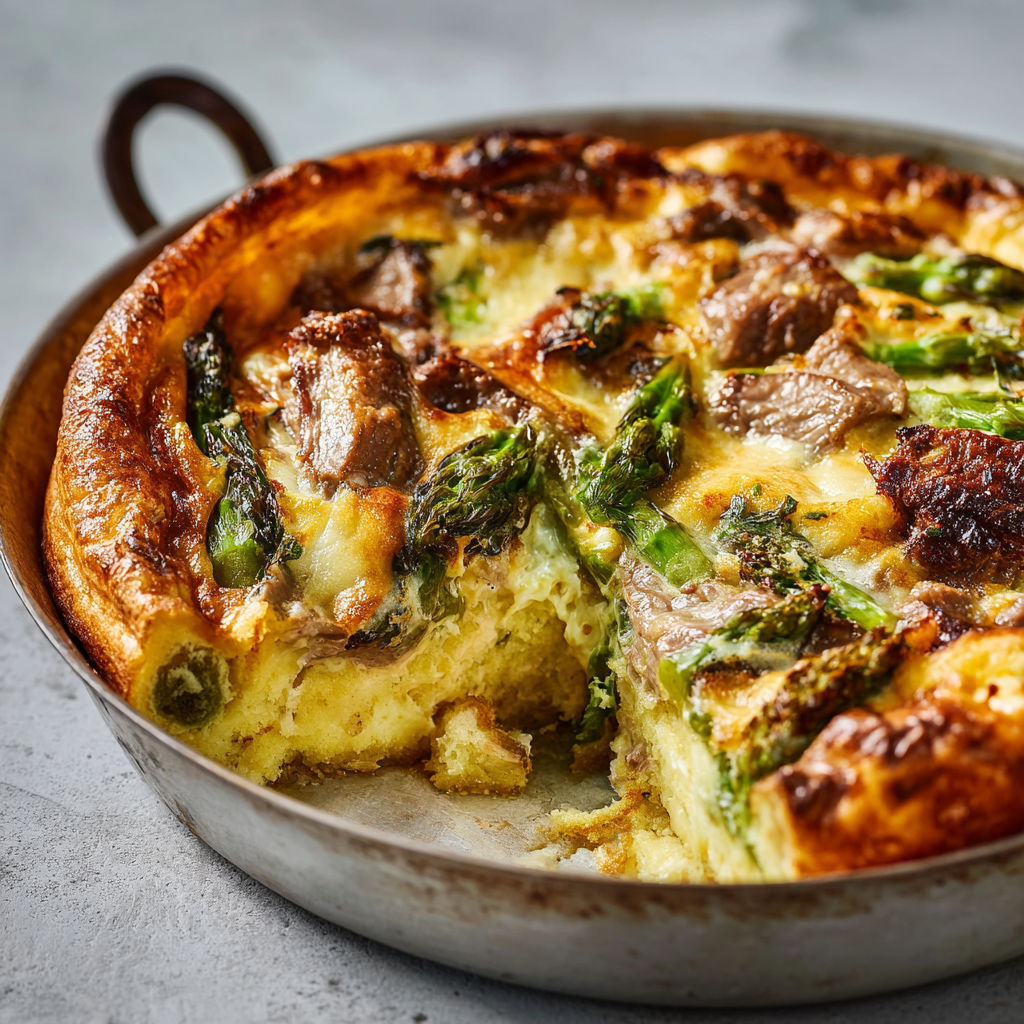 Clafoutis d’agneau aux asperges vertes, une recette originale et fondante aux saveurs printanières.