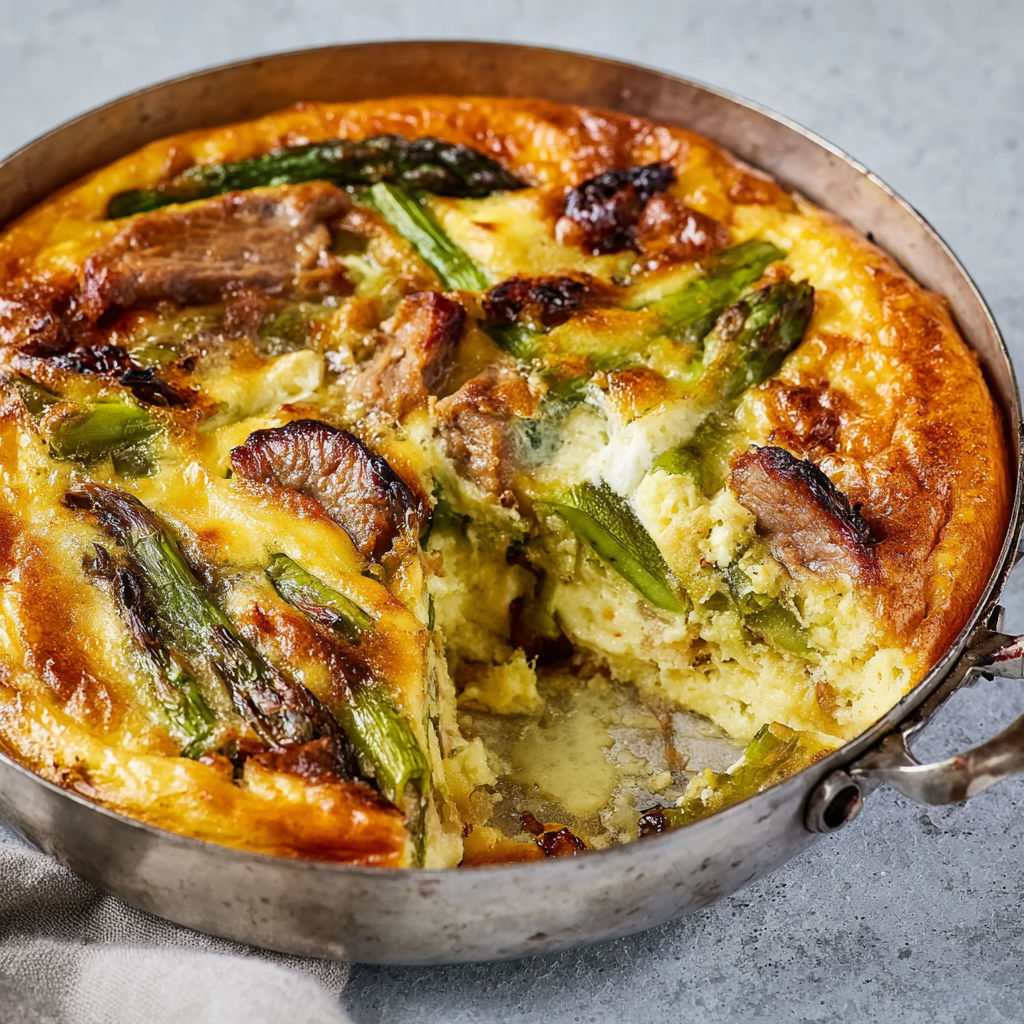 Clafoutis salé à l’agneau et asperges, crémeux et parfumé au fromage de brebis.