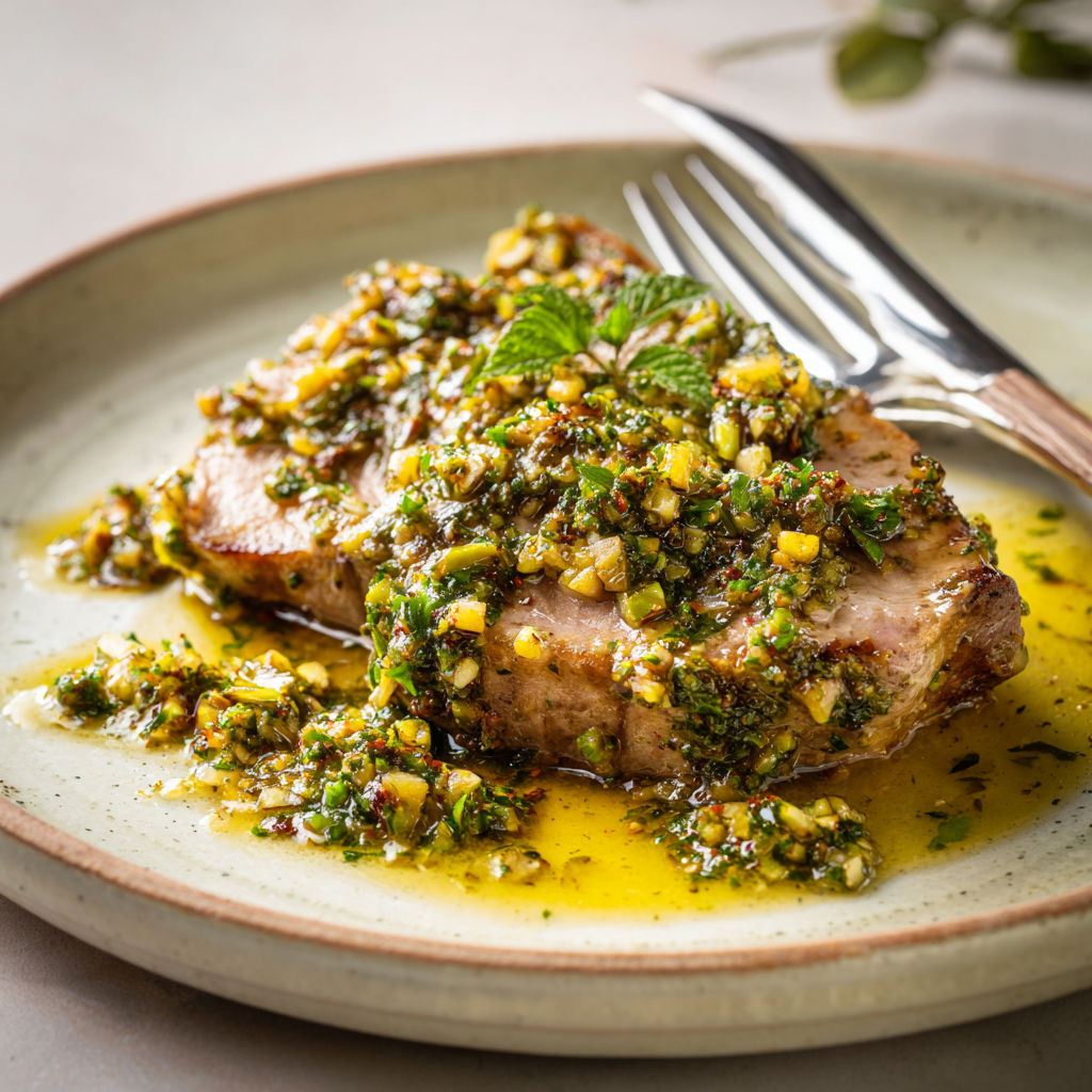 Tranches de gigot d’agneau à la gremolata de citron confit, fraîcheur et caractère.