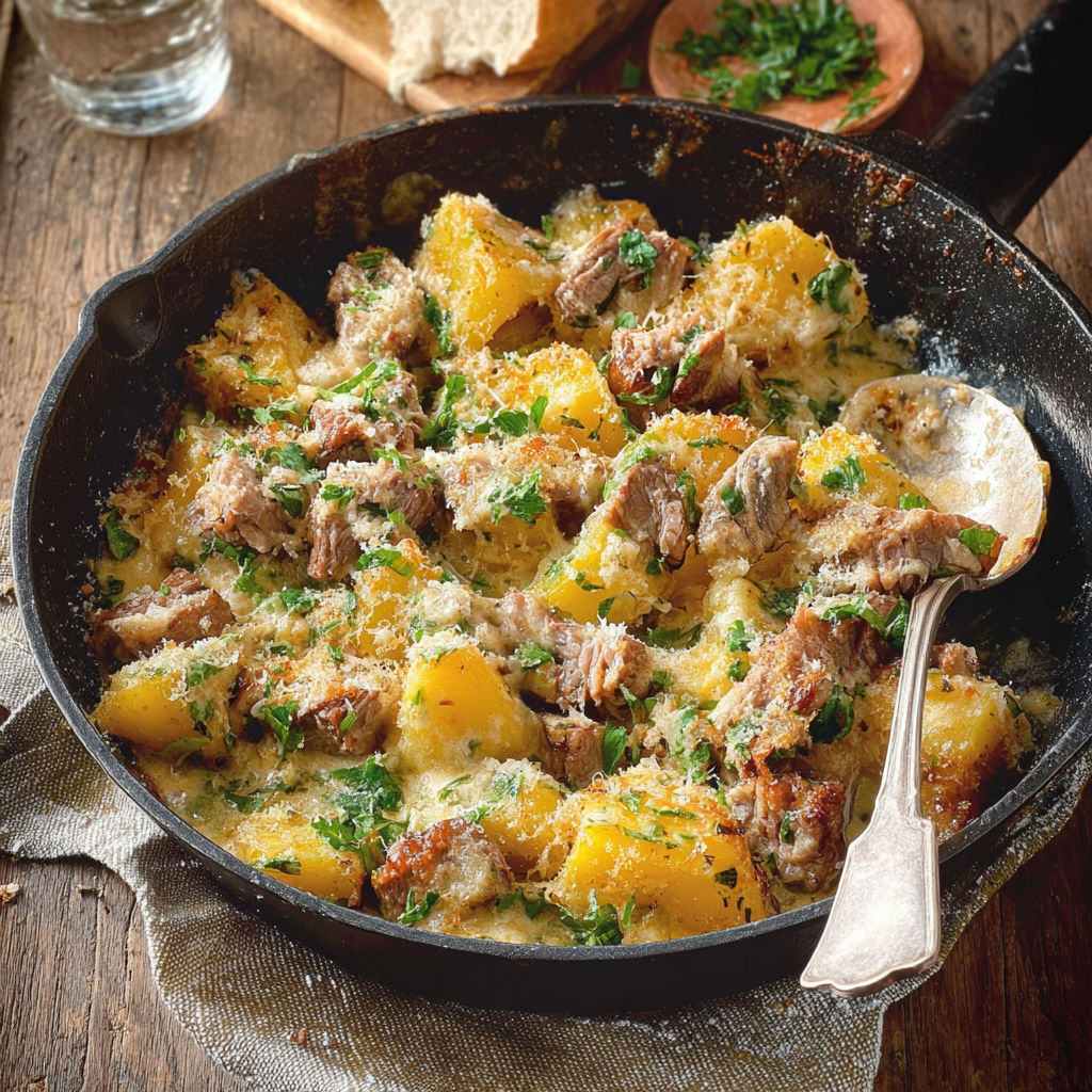 Agneau rôti au vin blanc et pecorino, fondant et délicieusement gratiné.
