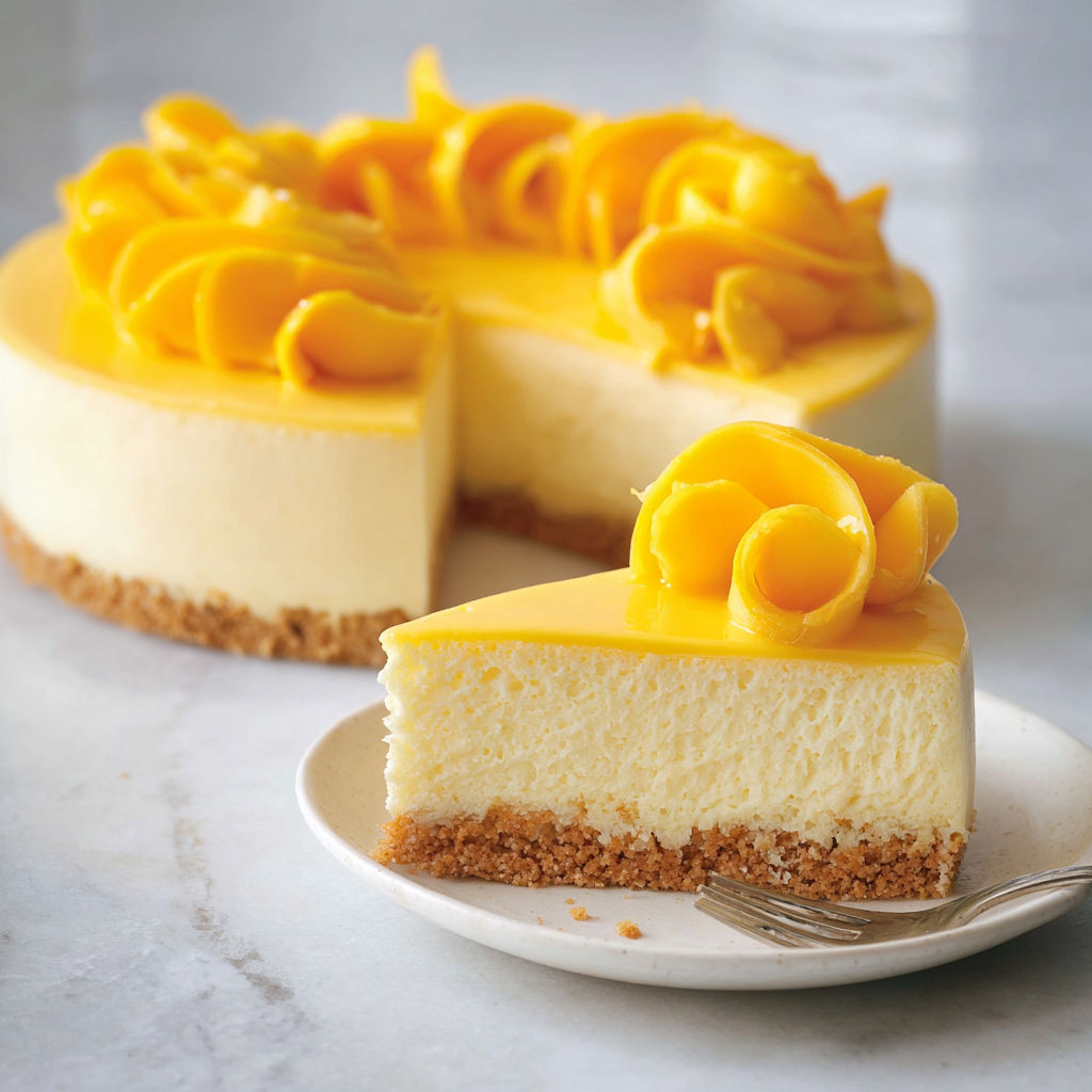 Gâteau mousse à la mangue et crème légère, dessert frais et élégant.