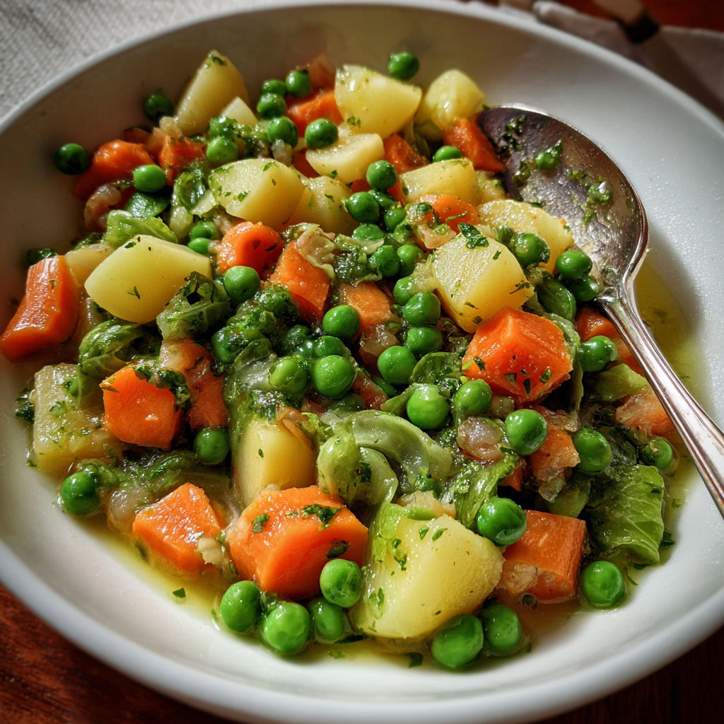 Une jardinière de légumes avec laitue, contenant des carottes, des pois, des pommes de terre et des haricots verts, est servie dans un bol.