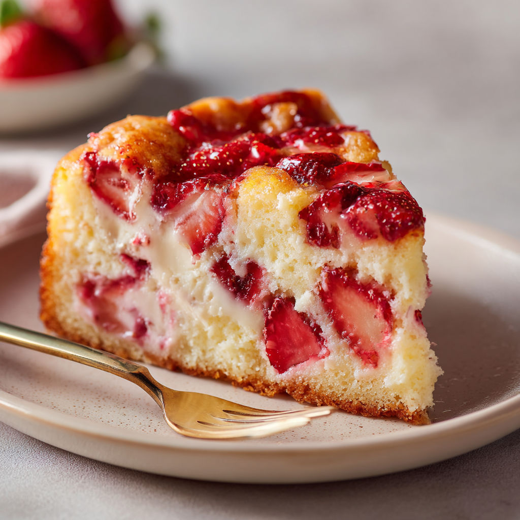 Une pièce de gâteau moelleux aux fraises facile, accompagnée d'une cuillère en argent, est servie sur un plateau.