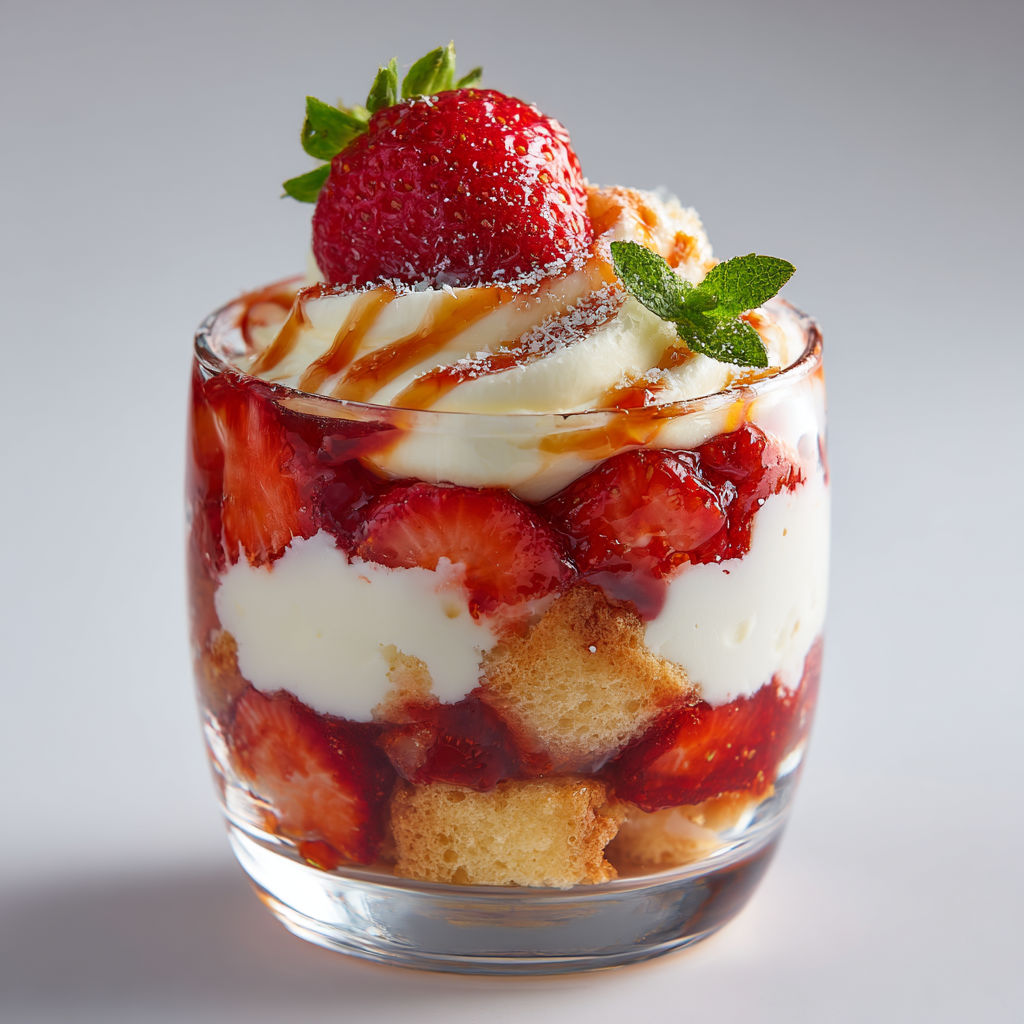 Un verrine de fraises et de mascarpone avec une sauce balsamique.