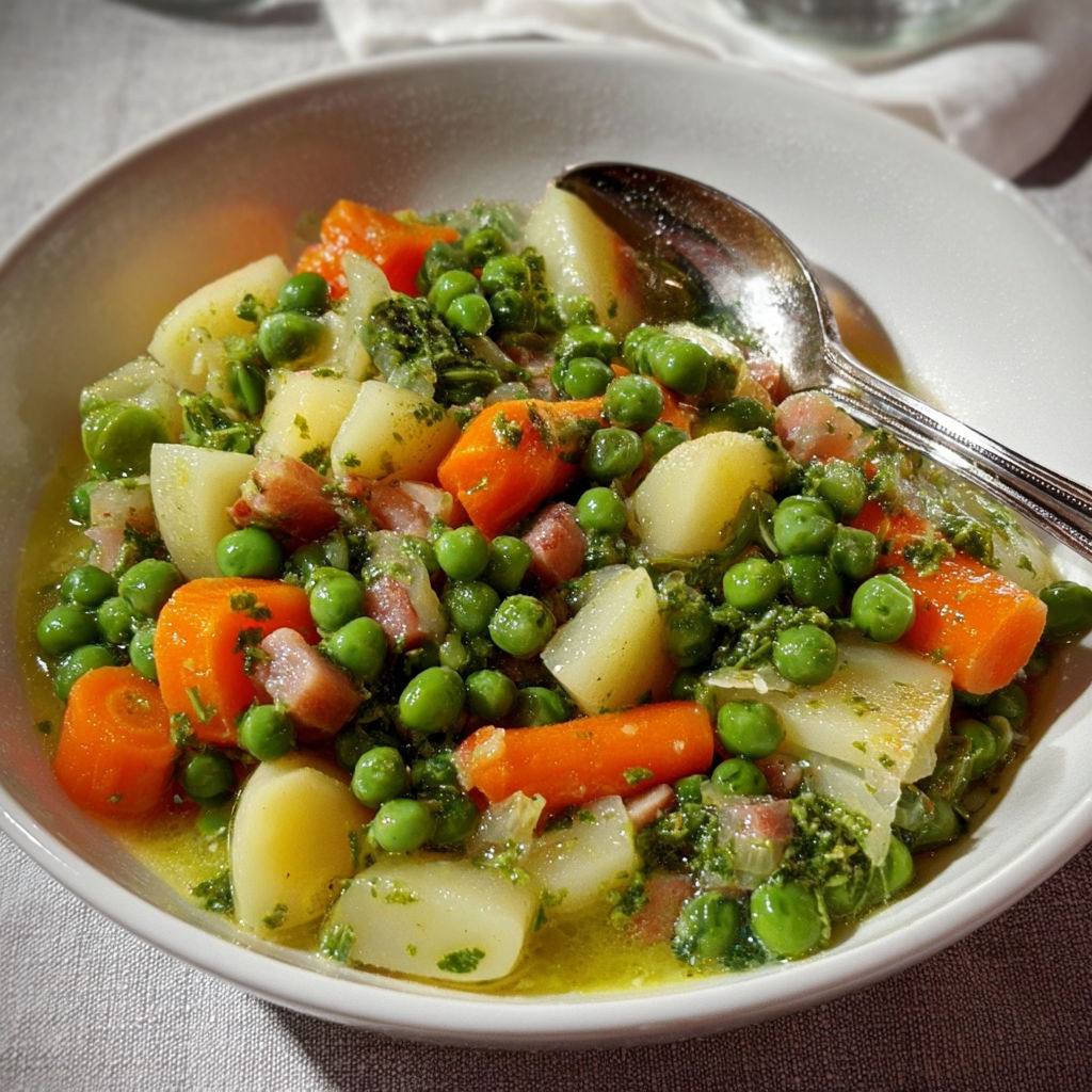 Jardinière de légumes mijotés à la laitue romaine, carottes fondantes et petits pois au bouillon parfumé.