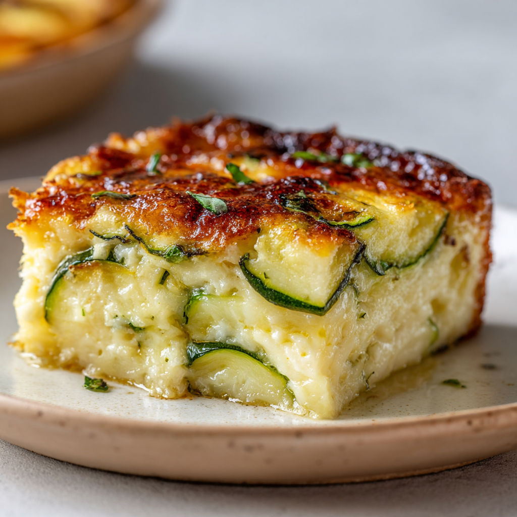 Une tarte aux courgettes est servie sur un plateau en céramique.