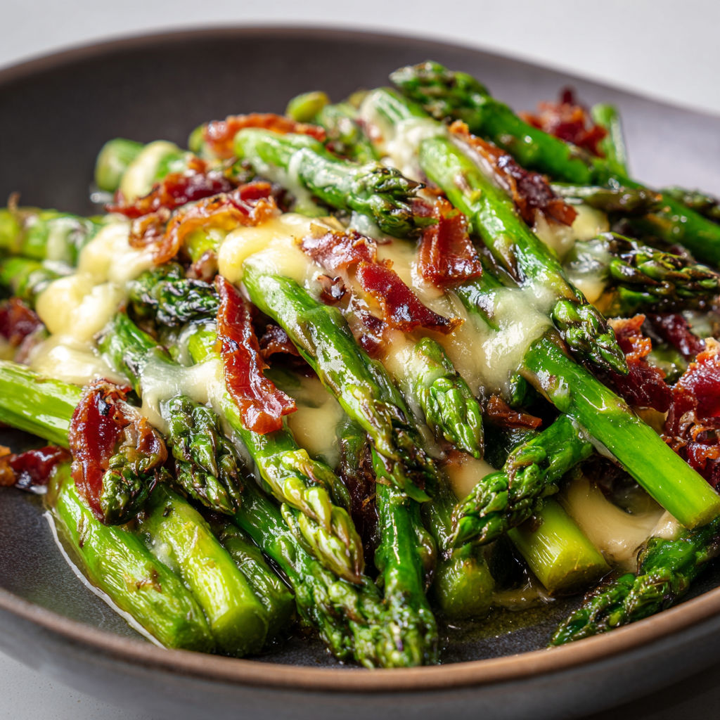 Une poêlée d'asperges vertes et coppa, avec des bacon et du fromage, est servie dans un plat.