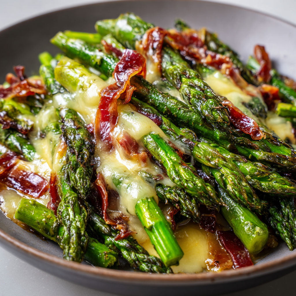 Poêlée d’asperges vertes croquantes à la coppa, relevée de balsamique et copeaux de parmesan.