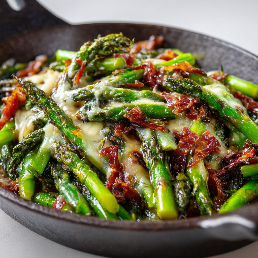 Asperges sautées à la coppa croustillante, finition parmesan et vinaigre balsamique réduit.