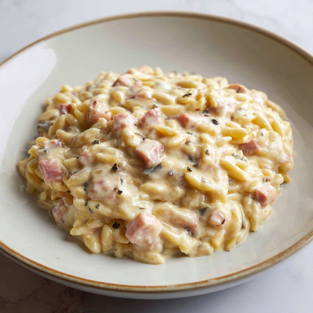 Coquillettes crémeuses façon risotto à la truffe, jambon et emmental fondant.