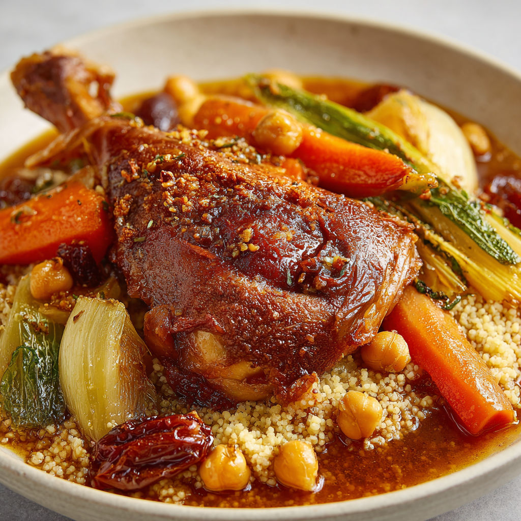 Cuisse de dinde façon couscous, un plat généreux aux saveurs orientales et aux légumes fondants.