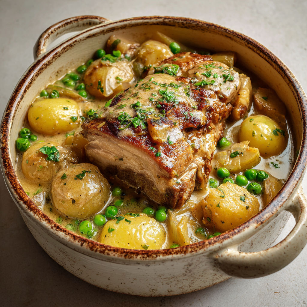 Un plat de rôti de porc aux pommes et petits pois, avec des pommes et des pois verts dans une souffleuse.